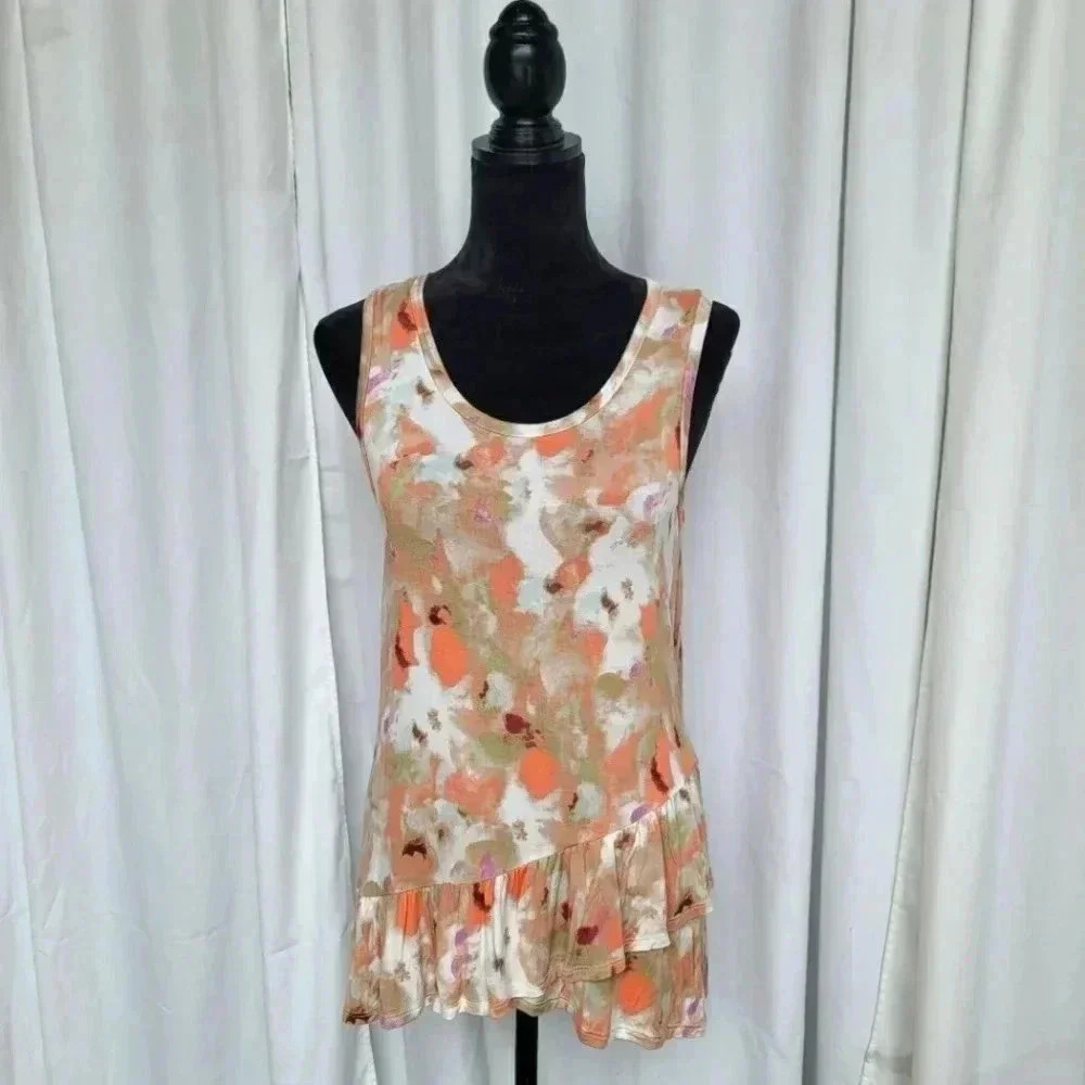 CHELSEA & THEODORE Women's Tan White Coral Knit Ruffled Top Sleveless Stretch L